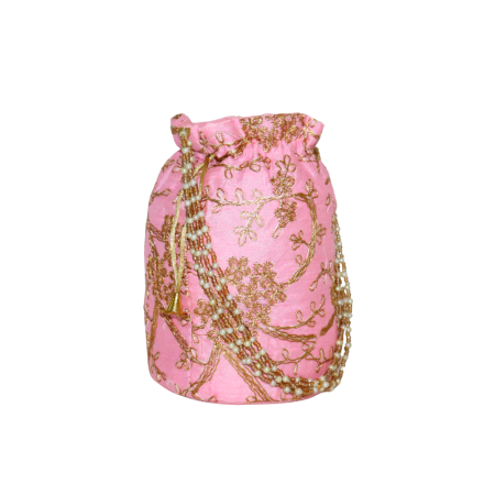 Handmade Pink Cotton Potli Bag with Beadwork and Gold Embroidery
